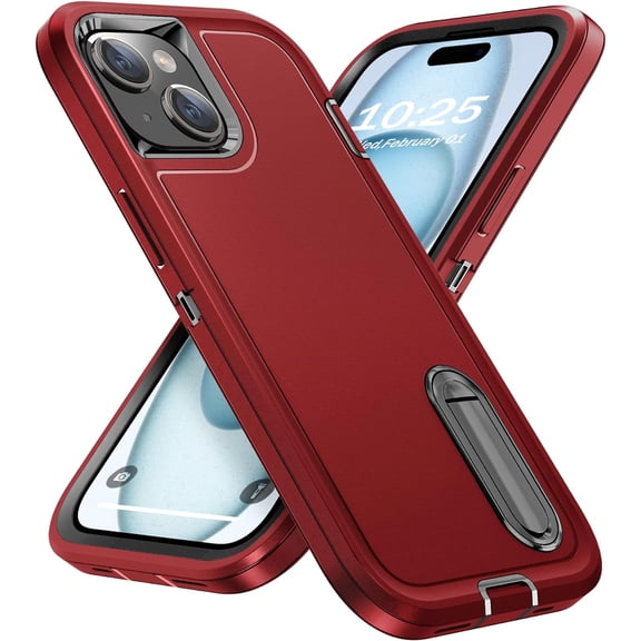for iPhone 15 Case, iPhone 15 Phone Case with Built in Kickstand, Shockproof/Dustproof/Drop Proof Military Grade Protective Cover for iPhone 15 6.1 inch (Red/Black)