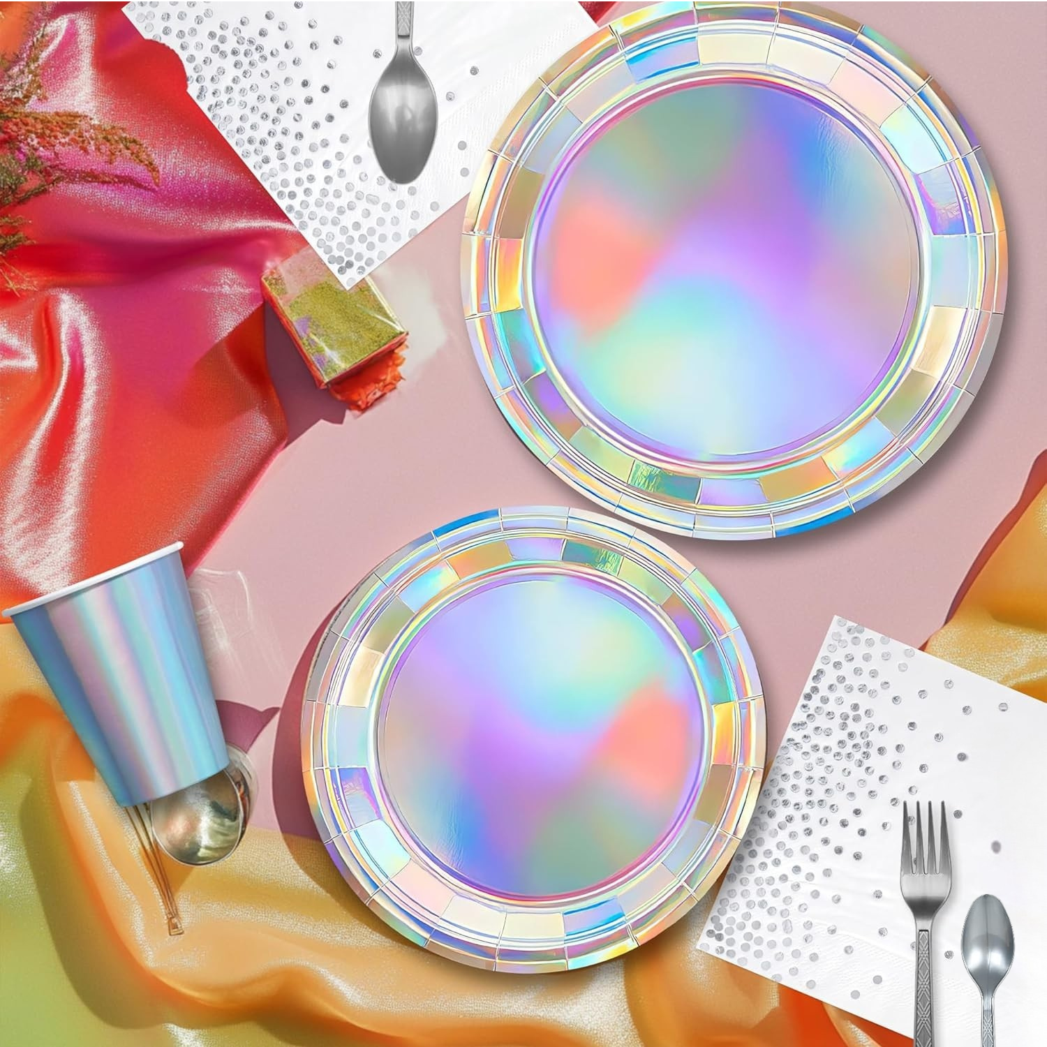 141 Iridescent Party Supplies Decorations, Holographic Paper Plates and Napkins Set, Disposable Tablecloth Set for Mermaid Disco Birthday Wedding Anniversary Party