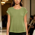 thumbnail image 6 of NTACZA Casual Ladies Summer Tops Tee Cotton And Linen Solid Classic T-Shirt Crew Neck Rolled Short Sleeve Relaxed Fit Vacation Green L, 6 of 6