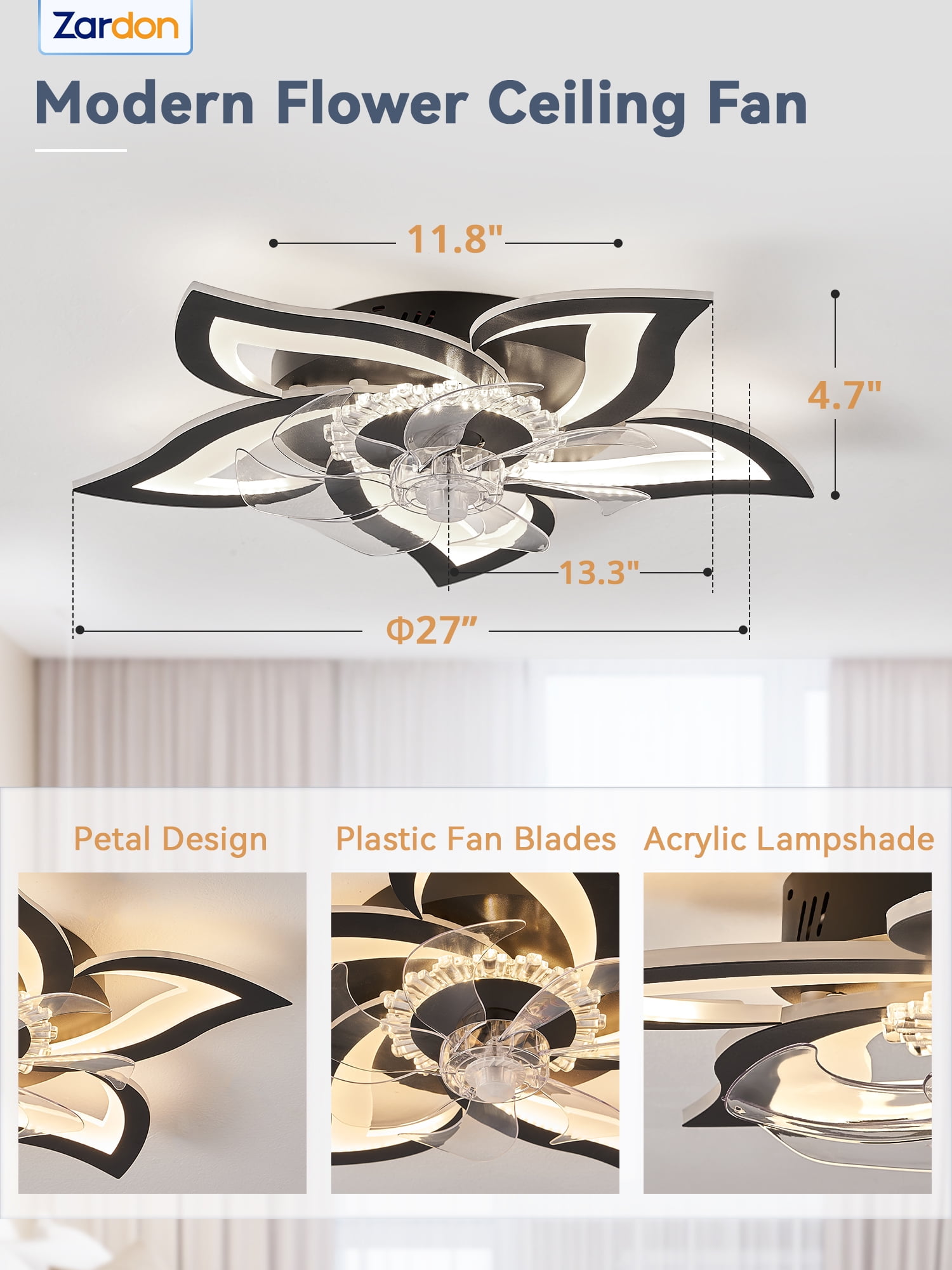 Zardon 27" Flower Ceiling Fan with LED Lights and Remote Control, Flush Mount Ceiling Fan for Indoor Bedroom Living Room, Low Profile - Black