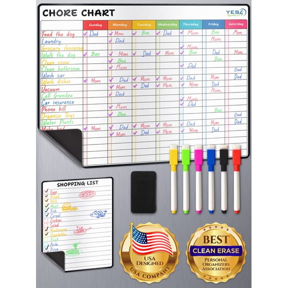Magnetic Chore Chart, 11"x14" Weekly Planner & 6.5"x8.5" Shopping List W/ Markers & Eraser
