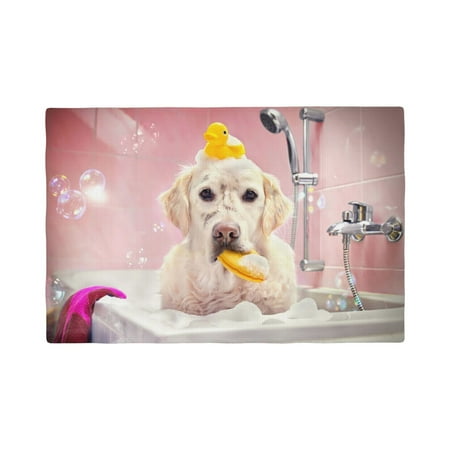 

Placemats Set of 4 Dog Sitting In Bathtub With Duck On Head Heat Resistant Non - Slip Place mats Waterproof table mat for Kitchen Dining-4片装