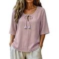 thumbnail image 4 of Feancey Women's Striped Tops Tassel Tie Front Half Sleeve Summer Blouse Casual Loose Fit Crew Neck Shirts Breathable Lightweight Beach Vacation Tshirt Pink L, 4 of 7