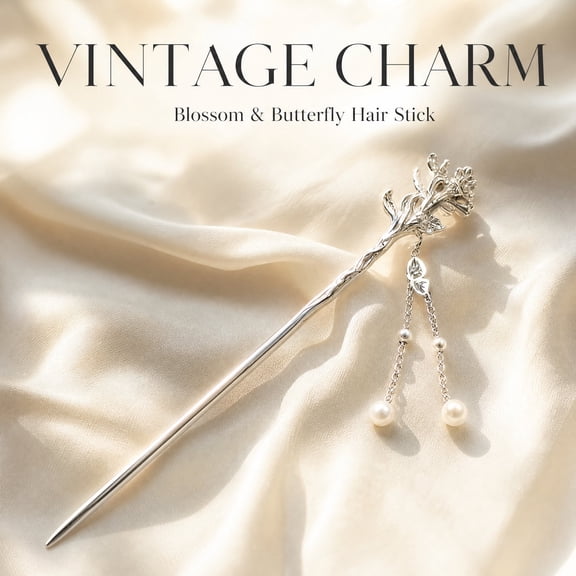 Silver Flower Hair Stick with Butterfly and Pearl Dangle, Vintage Chinese Hair Pin for Buns