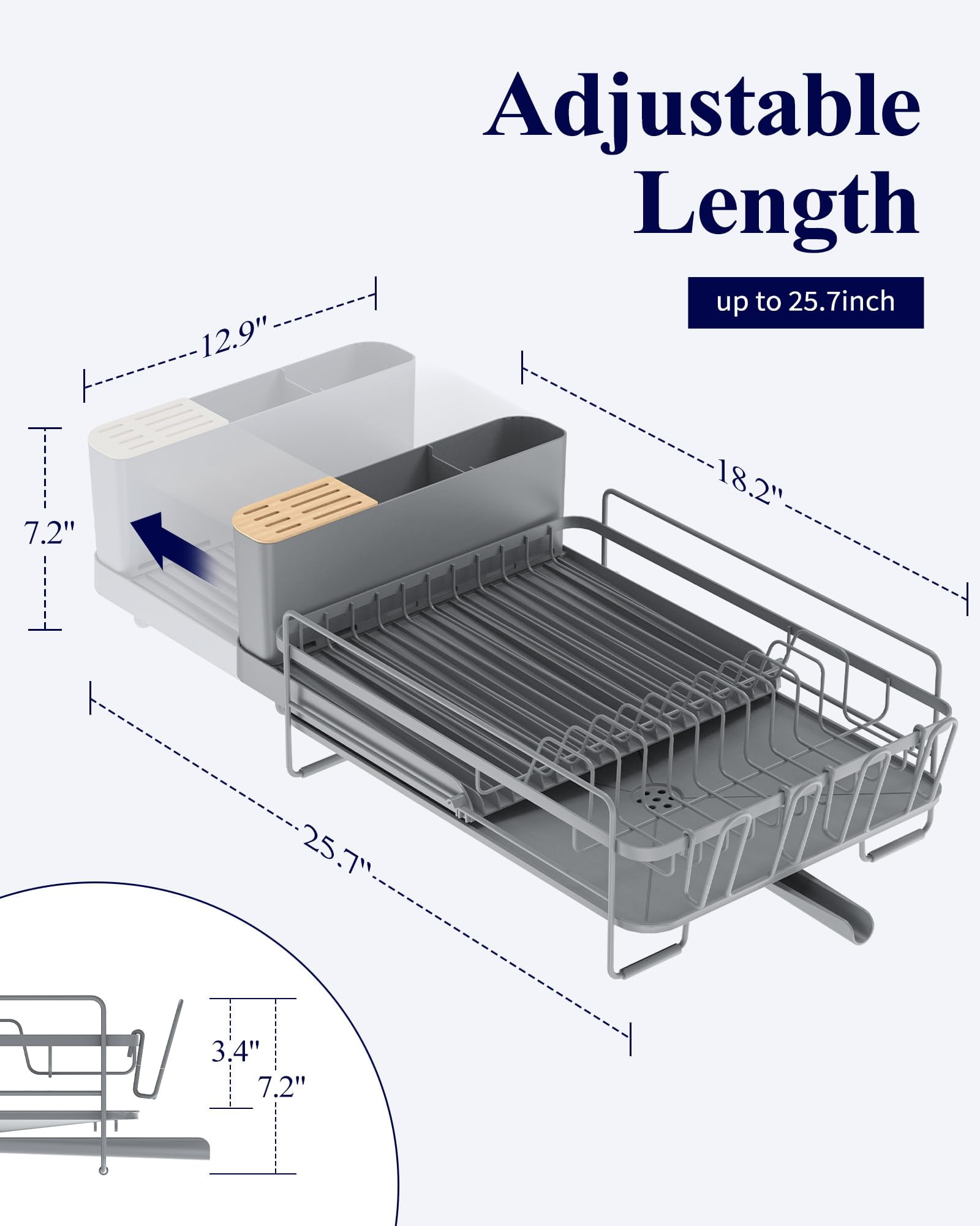 Large Dish Drying Rack with Extendable Tray, Multi-Functional Drainboard for Plates, Cups, and Utensils, Compact Storage Solution, Grey
