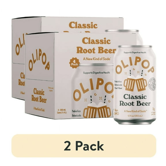 (2 pack) OLIPOP Prebiotic Soda, Classic Root Beer, 12 fl oz, 4 Pack, Pantry Packs