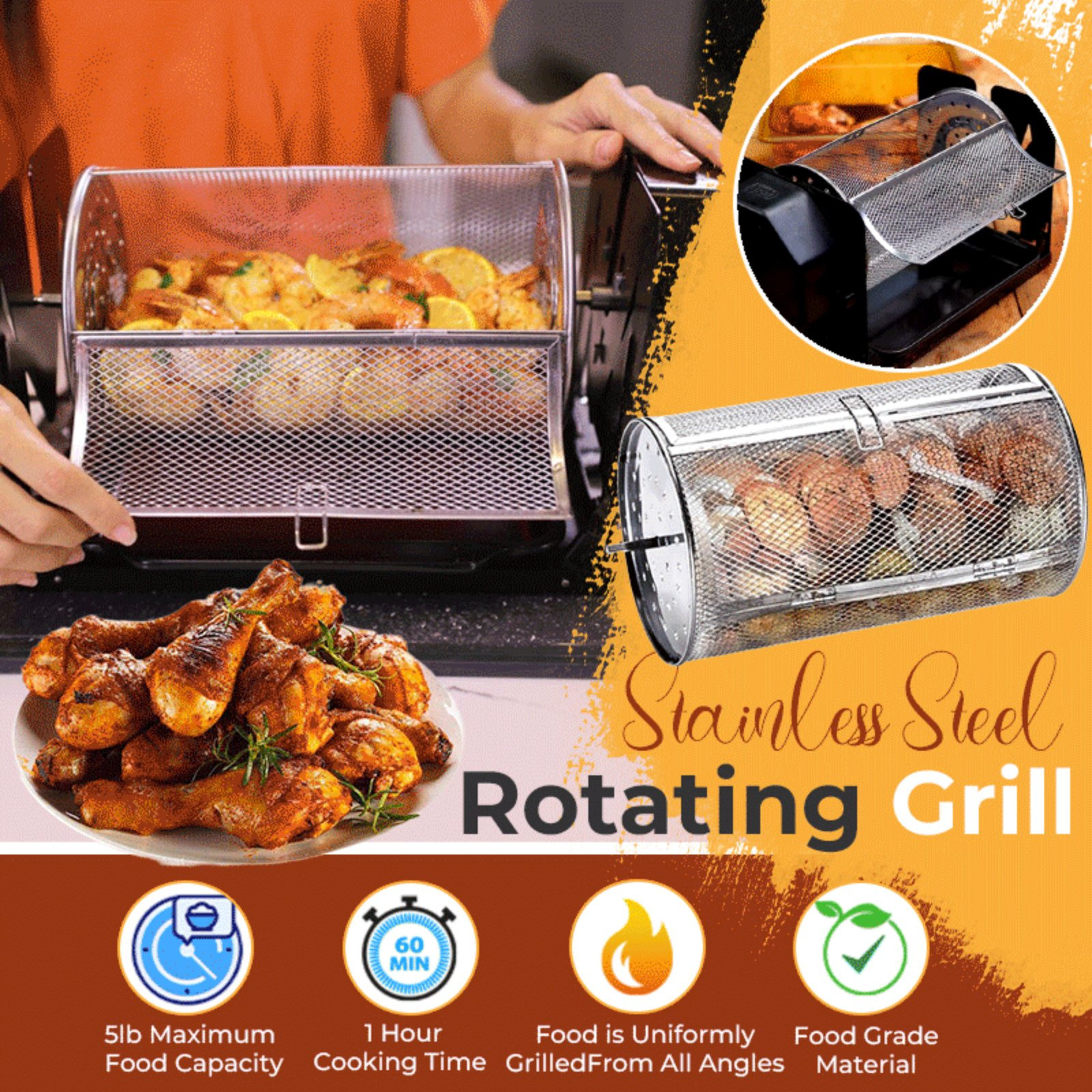 Stainless Steel Rotating Grill 2025 New Chicken Wing Basket Automatic