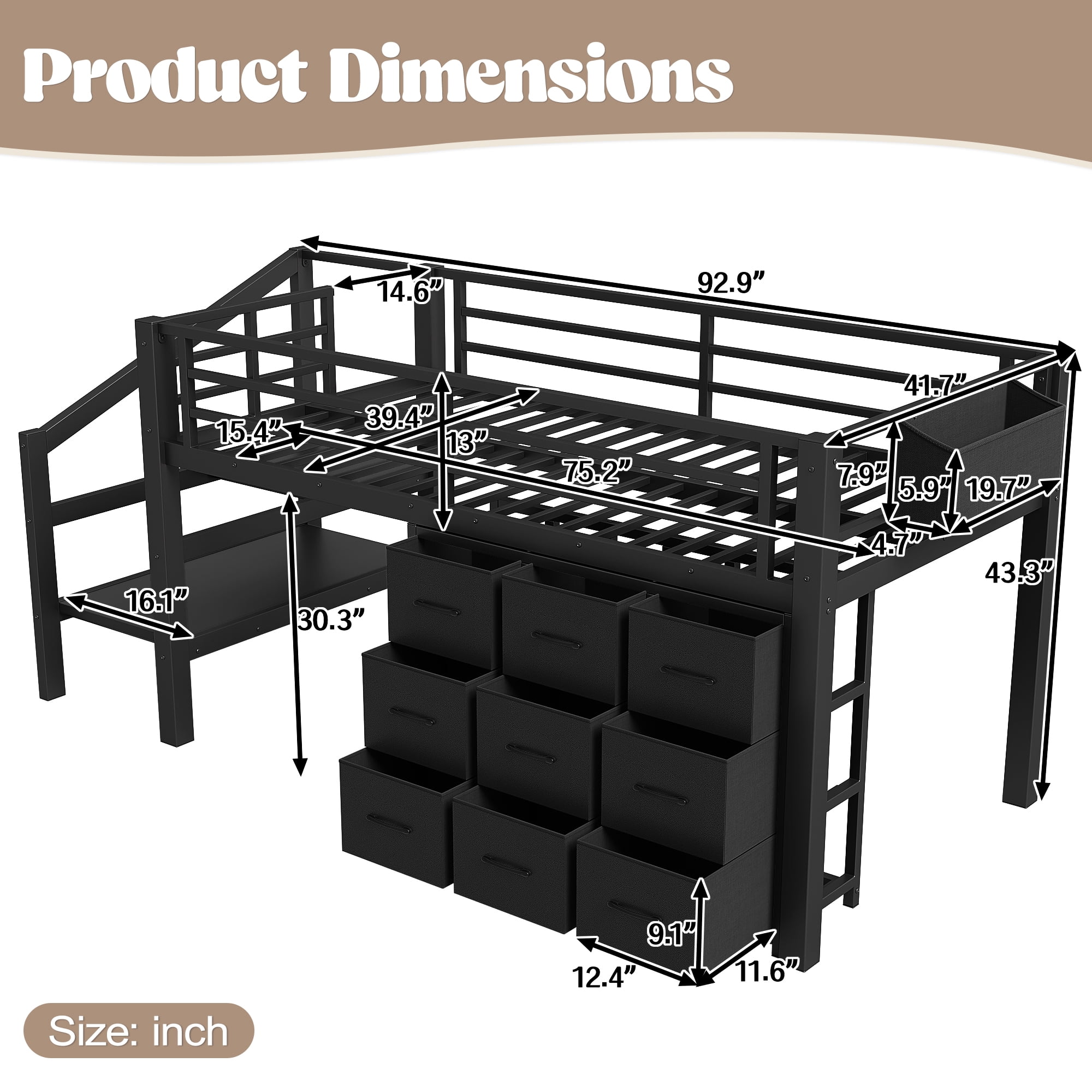 Leumius Twin Size Loft Bed with Storage Drawers and Stairs,Metal Loft Bed with Lights and Ample Under-bed Spaces,Multi-Storage Spaces,Black