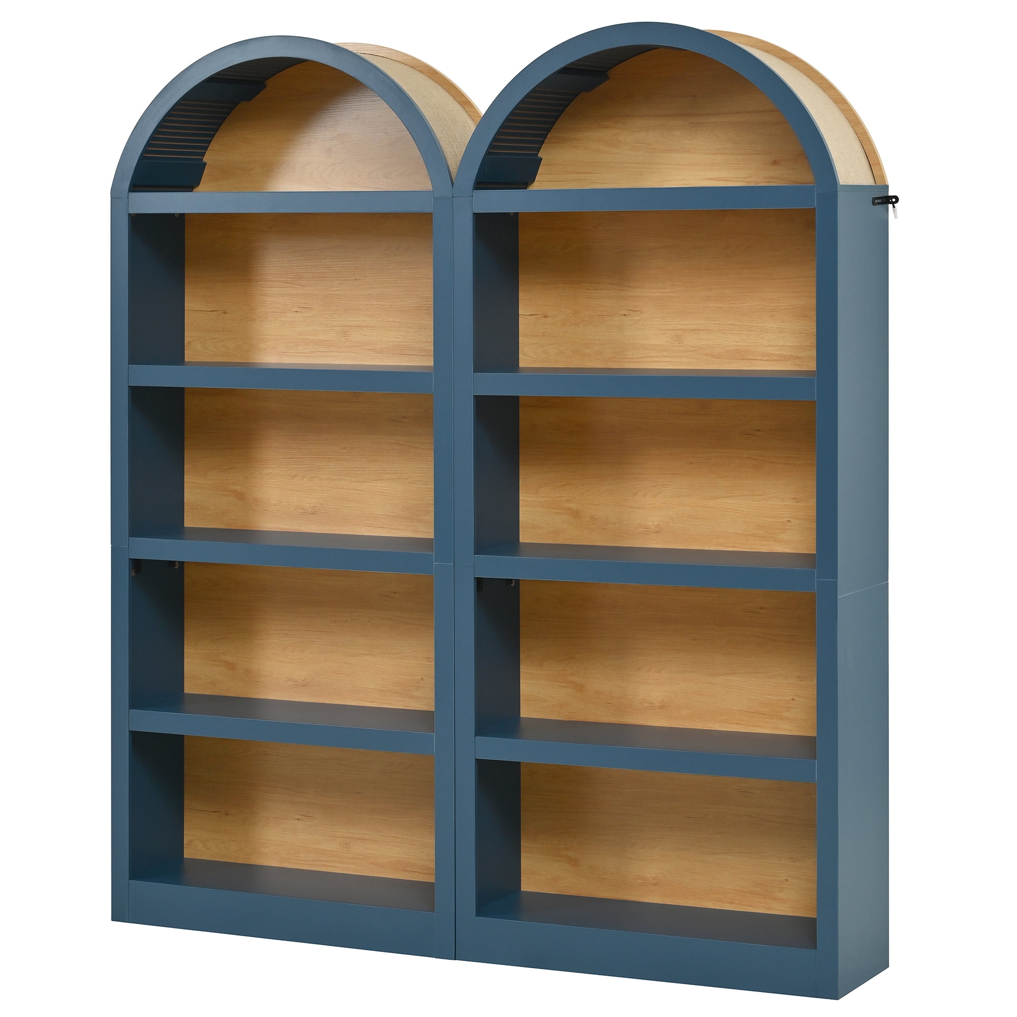 Miniyam Set of 2 Farmhouse Freestanding Bookshelves, Two-Tone Open Storage Cabinet with Fabric Arched Top, 5-Tier Display Bookcase for Home Office, Blue