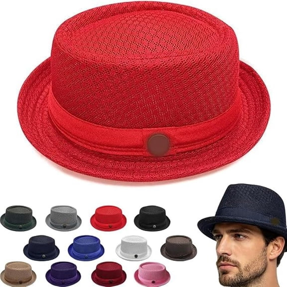 2026 Summer Breathable Mesh Straw Pork Pie Hat for Men Lightweight Retro Fedora Bowler Sun Protection Packable Hat