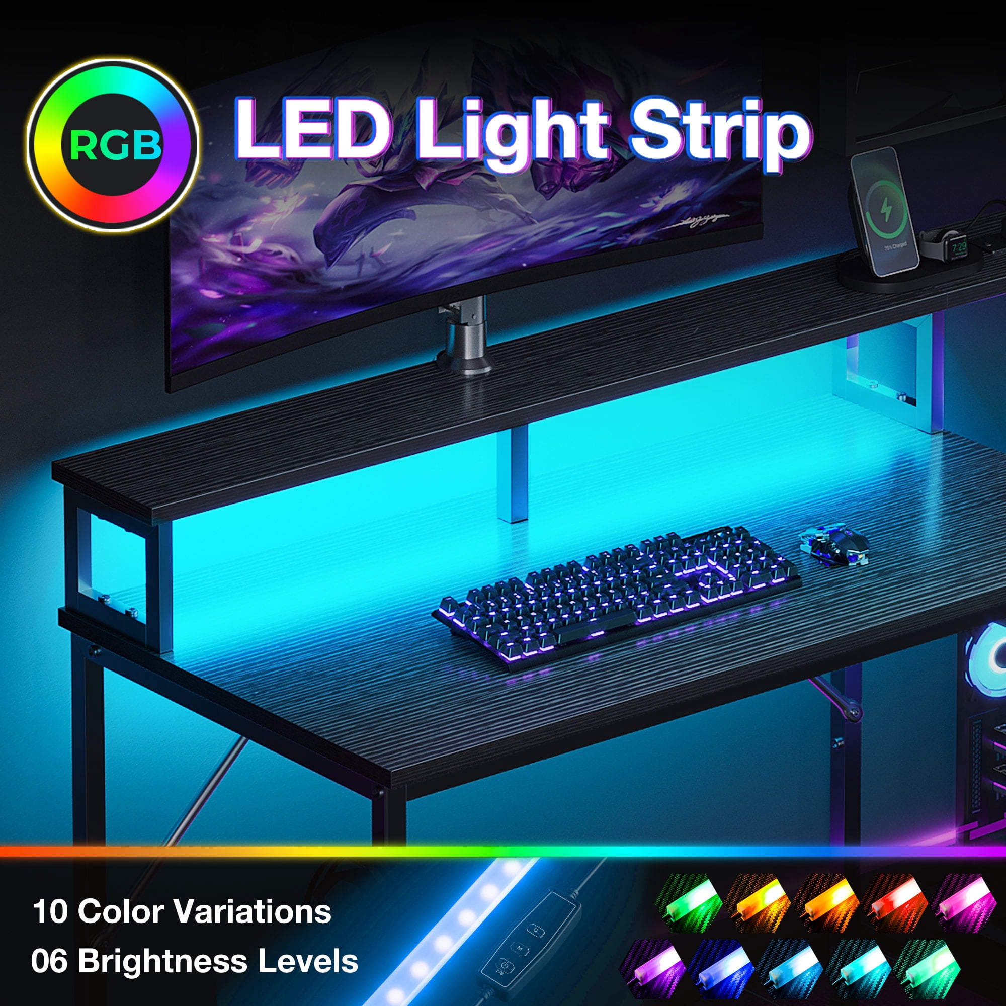 Casacomoda 98" Computer Desk with USB Ports & Power Outlets, Large Gaming Desk with Display Stand & LED Strip, Storage Shelves for Home Office, Suitable for 2 People Use, Black