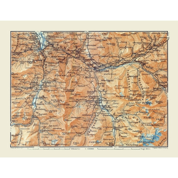 Historic Map - Oberhalbstein Switzerland - Baedeker 1921 - Vintage Wall Art