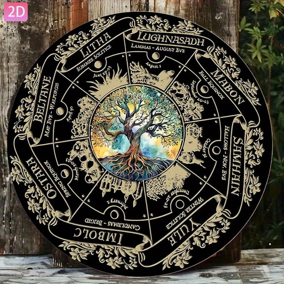 HELLOYOUNG Wheel of The Year Wall Plaque Pagan Wiccan Decor Aluminum Metal Sign for Home Garden Bar Cafe 20x20cm Hanging Wall Art Gift