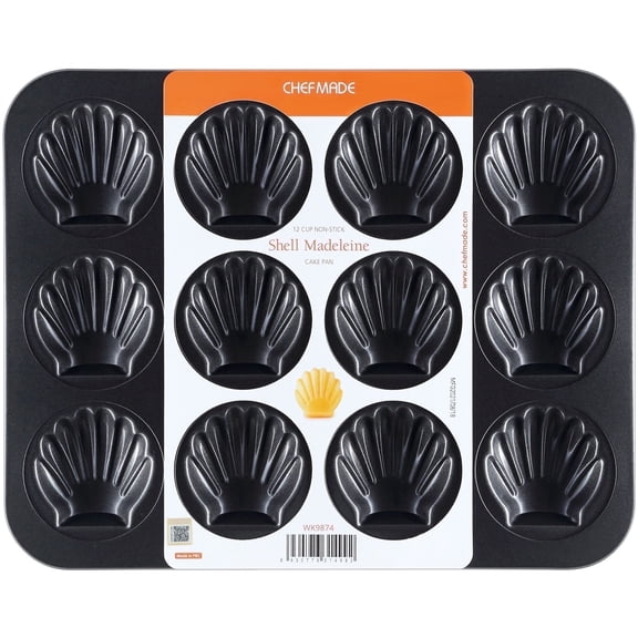CHEFMADE Madeleine Pan, Non-Stick 12-Cavity Scallop Shell Bakeware(Black)