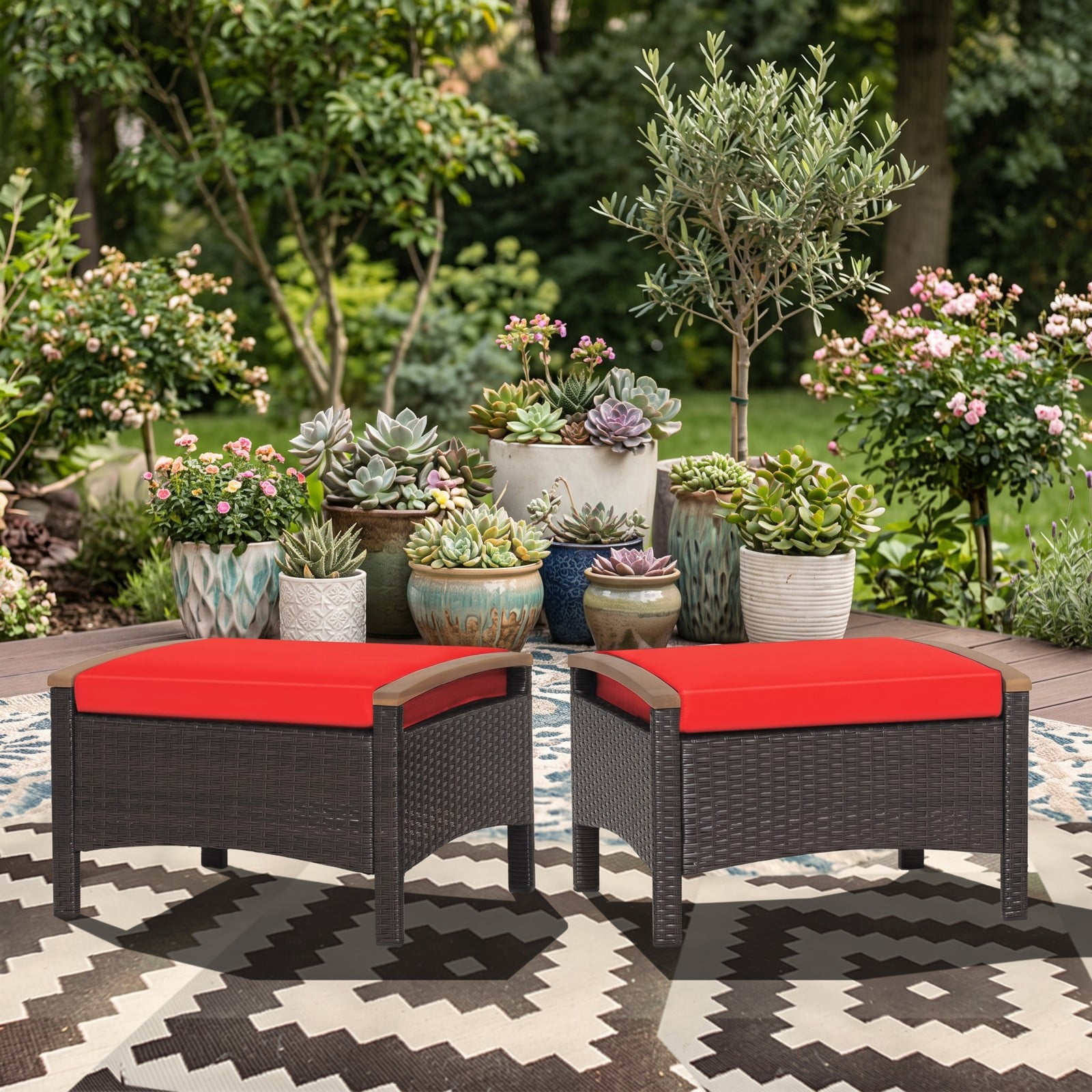 Furnibear Set of 2 Fade-Resistant PE Wicker Patio Ottomans with Cushions and Wood Handles for Outdoor Foot Rest and Extra Seating, Red