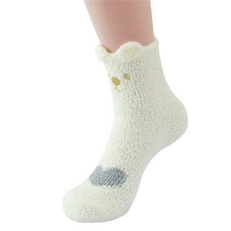 

〖Yilirongyumm〗 Socks Women Fashion Coral Fleece Socks Cat Mid Tube Warm Socks Cartoon Thickening Sleep Socks