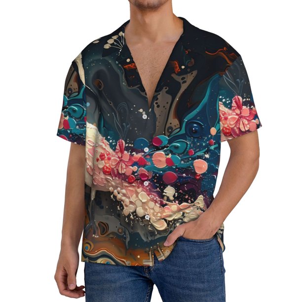 Balery Abstract Peacock Painting Camisa Casual de Manga Corta con Botones para Hombre, Texturizada, Estilo Cubano, para Playa, Verano-XX-Large