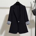 thumbnail image 4 of Drovellove Women's Casual Blazer with Notched Lapel and 3/4 Sleeves | Woven Button Front Jacket with Striped Turn Up Cuffs, Tailored Fit for Office, Business Meetings, Dating, 4 of 9
