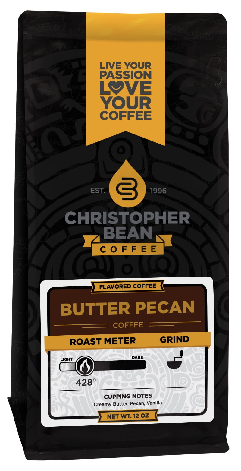 Butter Pecan Flavored Decaf Ground Christopher Bean Coffee, 100% Arabica, No Sugar, No Fats, Made with Non-GMO Flavorings, 12 Oz Bag of coffee