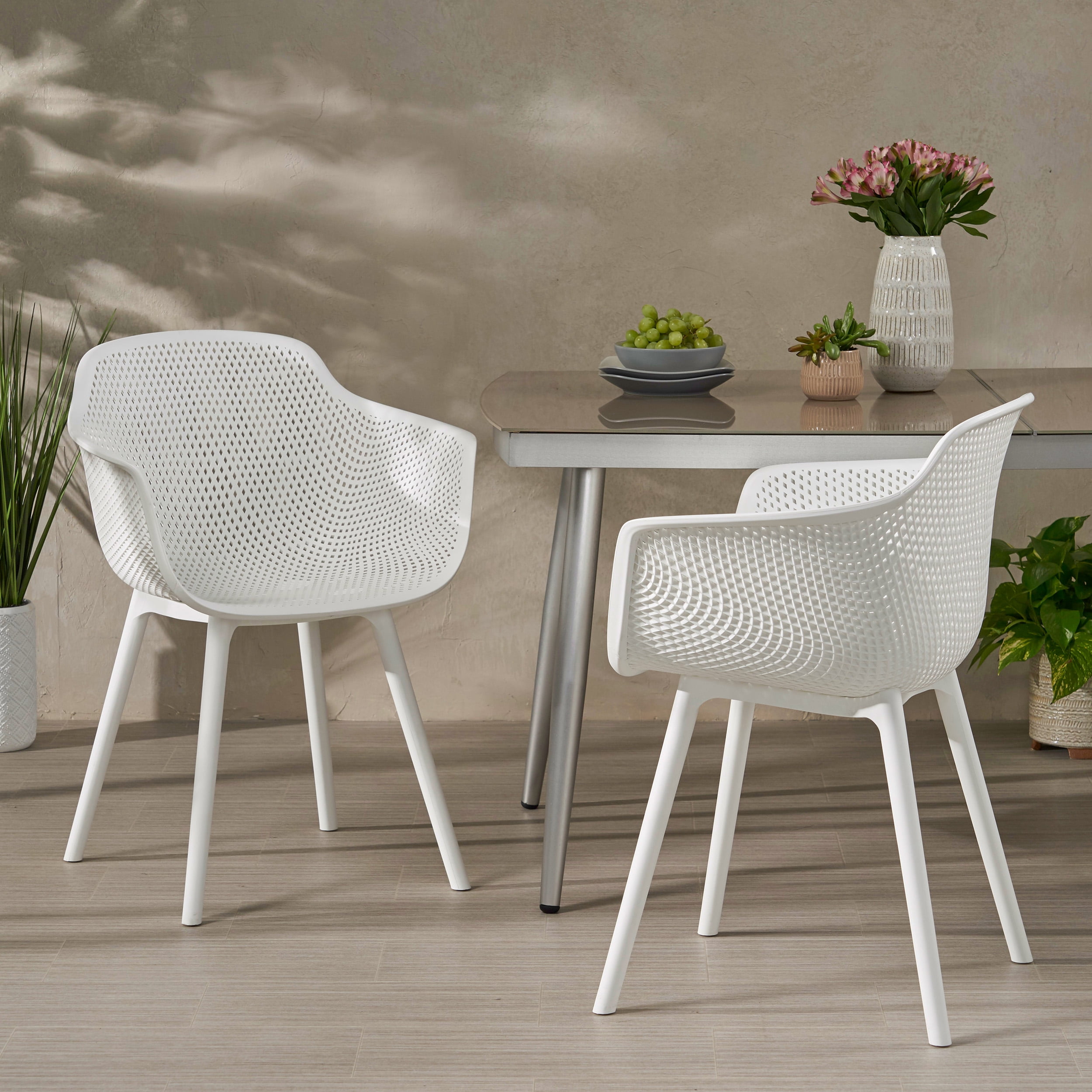 Noble House Lotus Plastic Patio Dining Arm Chair in White Set of 2 Walmart