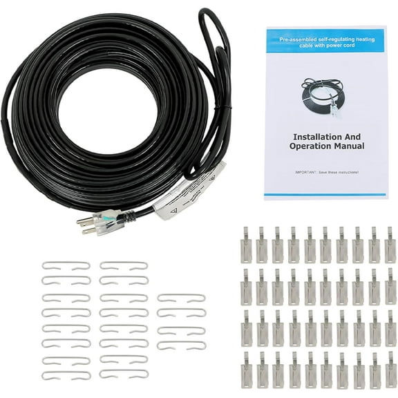 EPOTOOR Heating Cable for Gutters, Self-Regulating Roof Snow Deicing Heat Tape for Freeze Protection and Melting Snow on Roofs (100FT, With Aluminum Hooks and Clips)