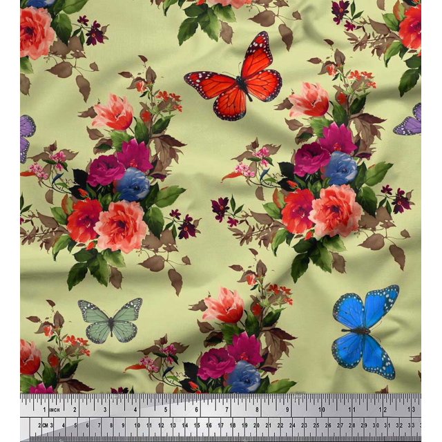 Soimoi Rayon Fabric Leaves, & Peony Floral Decor Fabric Printed Yard 42 Inch Wide