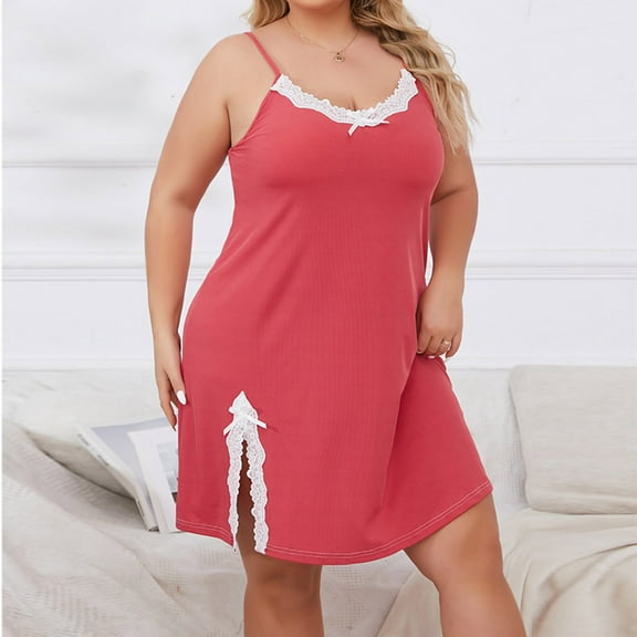 Hanen Plus Size Womens Dresses Sexy Lace Babydoll Nightgown with V-Neck & Slits - Plus Size Chemise Sleepwear for Women (Sleeveless Ribbed Knit, Lingerie Nightdress, Large Size Mini Dress)