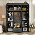 thumbnail image 2 of Hall Tree with Bench, Modern Entryway Storage Cabinet with 3 Hooks, 4 Doors & 1 Drawer, Large 85.2" Hallway Organizer for Shoes and Coats, Black, 2 of 8