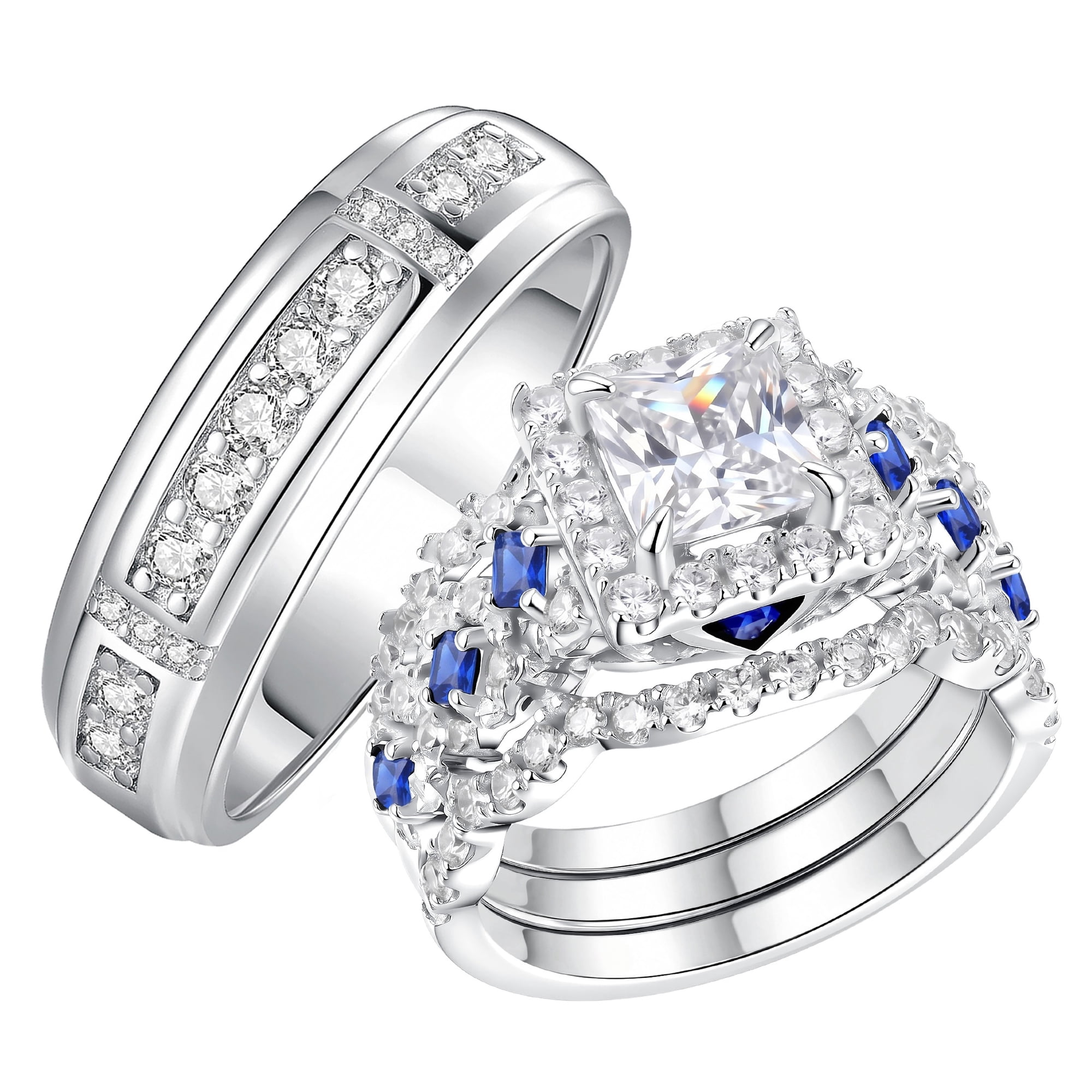 SFTING Wedding Rings Set for His and Hers 4pcs Engagement Rings Sapphire Silver Plated Couple Rings Set Size 9&7