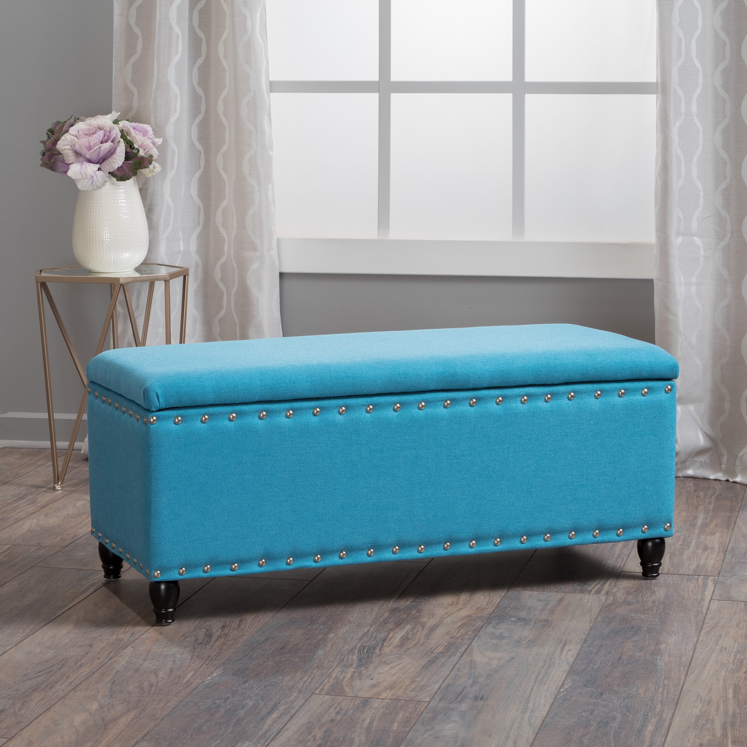 Noble House Jonathan Teal Fabric Storage Ottoman