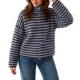 thumbnail image 5 of Venzia Women Striped Full‑Zip Cropped Sweater, Stand Collar Ribbed Knit Zip‑Up Cardigan Jacket, 5 of 8