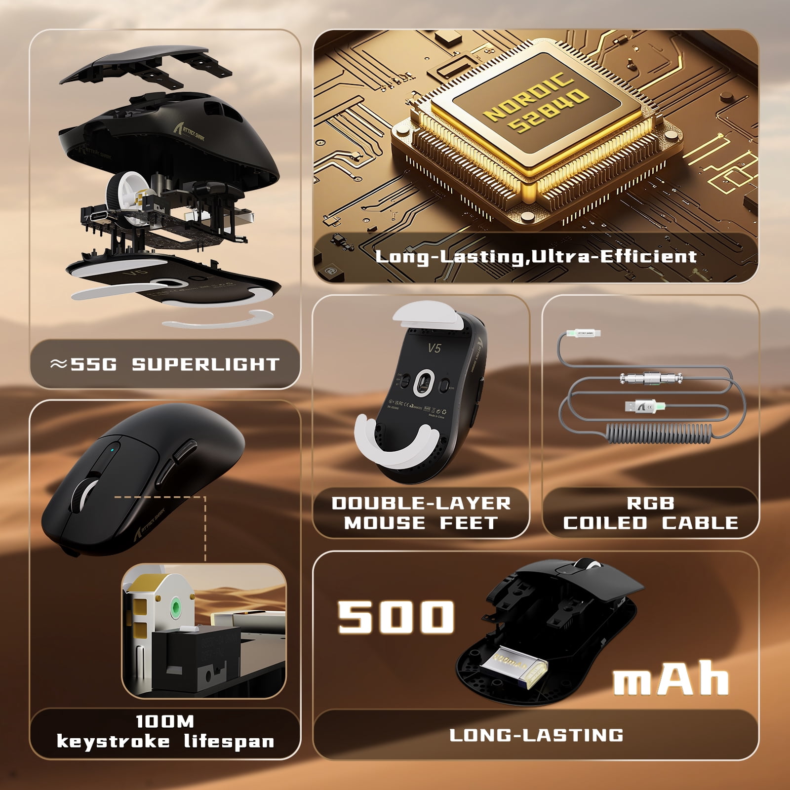 ATTACK SHARK V5 Wireless Gaming Mouse, Tri-Mode 2.4G/USB-C Wired/Bluetooth, PAW3950MAX Sensor, 42000 DPI, 55g Ultra-Lightweight Design, Nordic 52840 MCU, Black