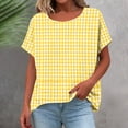 thumbnail image 6 of MORESEC Women Cotton Linen Plus Size Short Sleeve Plaid Tunic Tops Round Neck Casual Loose Tee Shirts Summer Vacation Beach Clothes, Yellow L, 6 of 6