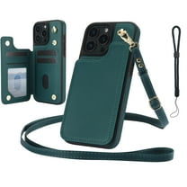 Dteck for iPhone 15 Pro Case Crossbody Wallet with Card Holder, Credit Card Slots Kickstand Shockproof Phone Cover with Wrist/Shoulder Strap for Women Men,Green