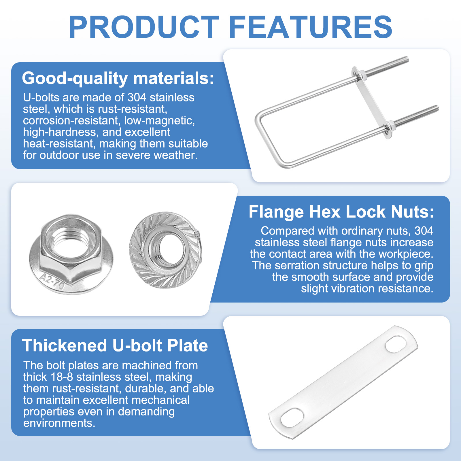 Uxcell M10 2-3/4 Inch Inner Wide Square U Bolts, 9-13/16 Inch Length 304 Stainless Steel U-Bolts with Flange Hexagon Nuts, Frame Plates for Trailer, Automotive, (70mm W x 250mm L)