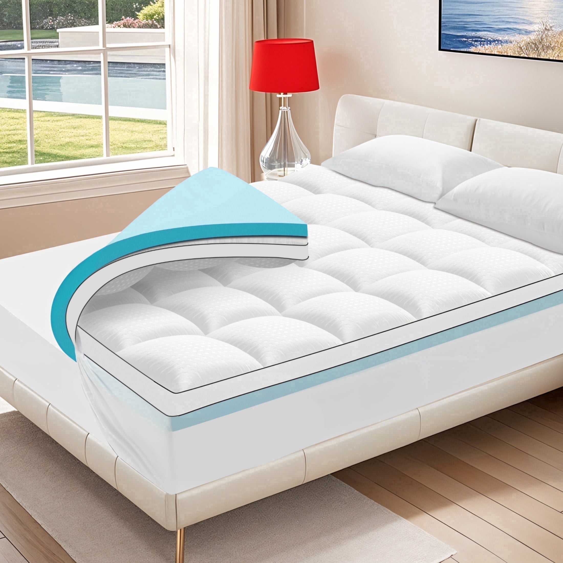 Vccoem Queen Mattress Topper, 4-inch Dual Layer Memory Foam with Cooling Gel & Plush Pillow Top, Anti-Slip Mattress Pad, Deep Pocket, Noiseless Washable