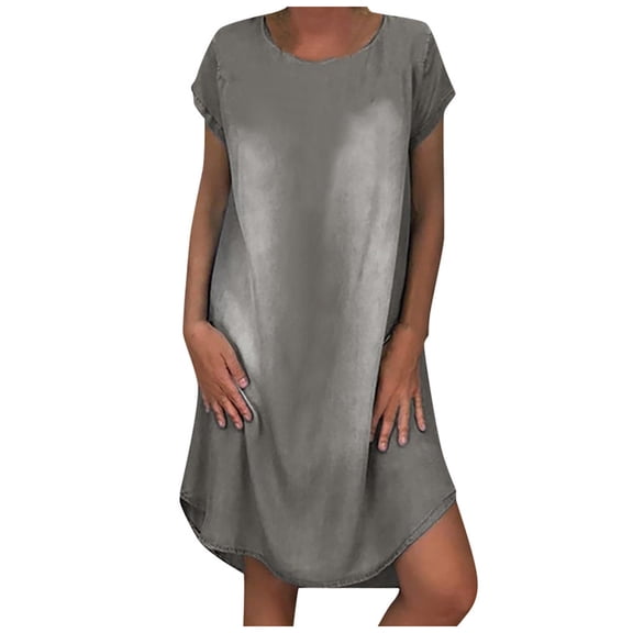 Summer Dress Sevevn Women Casual Faux Jean Dress Loose Knee-Length Short Sleeve DenimDress
