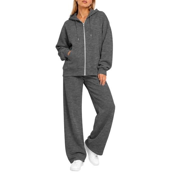 TEMOFON Sweatsuits 2pcs Sets Lounge Sets for Women 2 piece Outfit Winter Hoodies Sweatshirts Clothing Coat Outwear Womens Sweats Dark Grey L