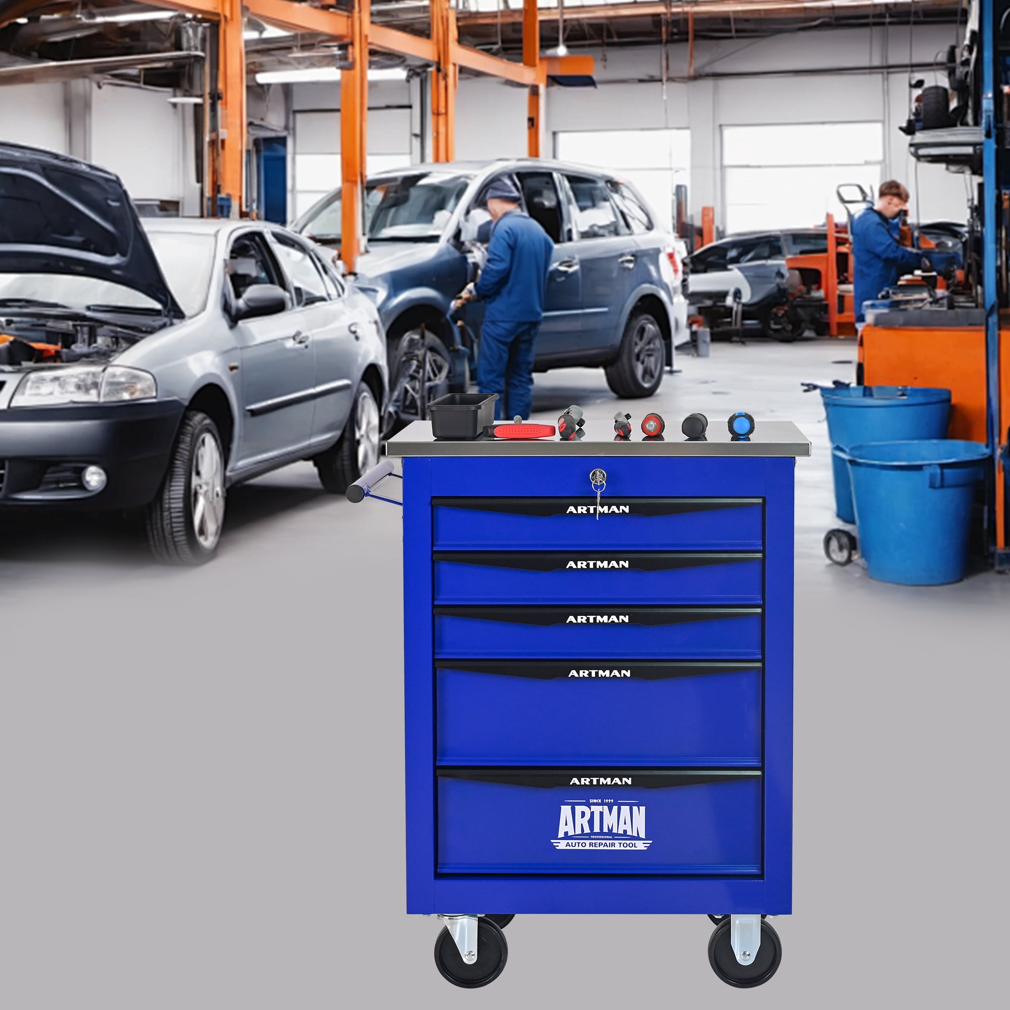 ARTMAN 5 Drawers Steel Storage Rolling Tool Chest Cabinet Cart with Wheels and Stainless Steel Roof