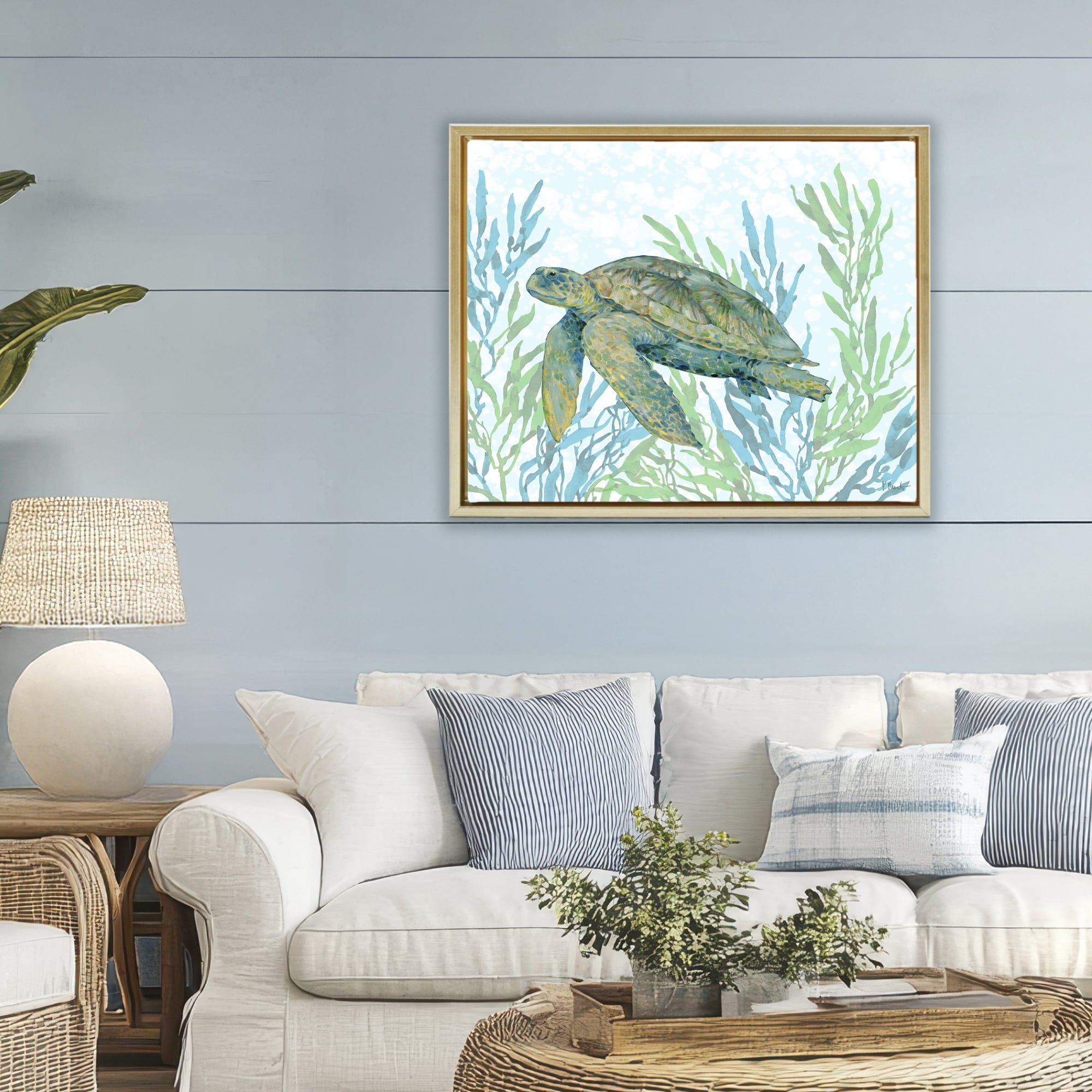 Stupell Industries Tasman Turtle in Seagrass Gold Framed Floater Canvas Wall Art, design by Paul Brent