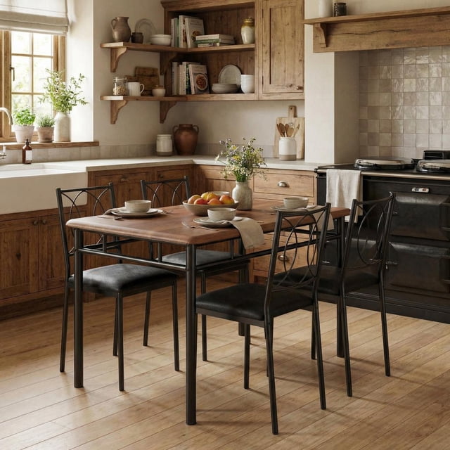 EDTara Farmhouse Dining Table and Chair Set for 4, Wood Table With Cushioned Seats for Small Kitchens or Apartments