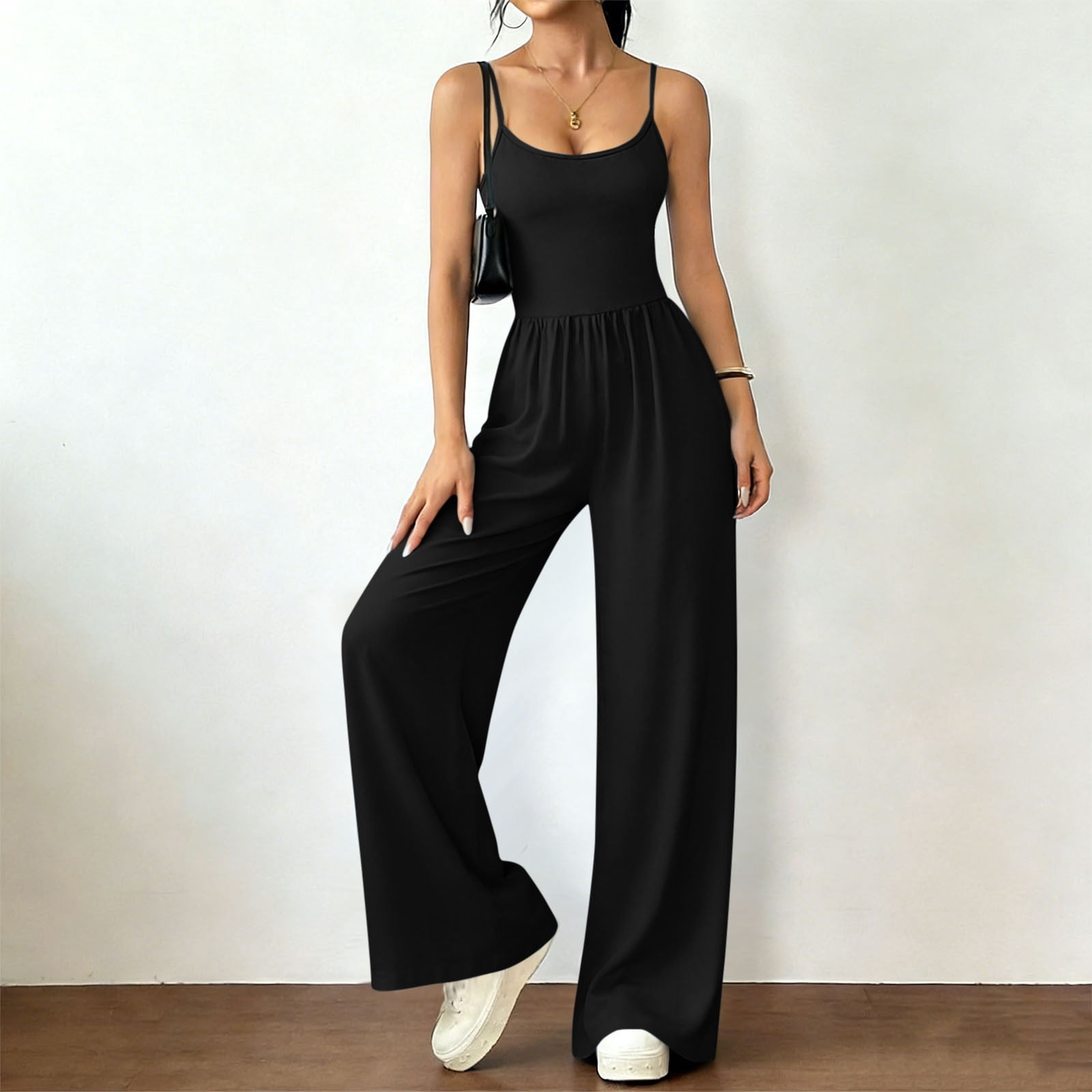 Dazajoo Women's Sleeveless Wide Leg Jumpsuits Spaghetti Strap Scoop Neck Rompers with Pockets Summer Casual Long Overalls,Black,S