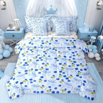 jejeloiu Ribbon Bow Knot 7pcs Bedding Comforter Set,Blue Flowers Floral Queen Bedding Sets For Kids Reversible
