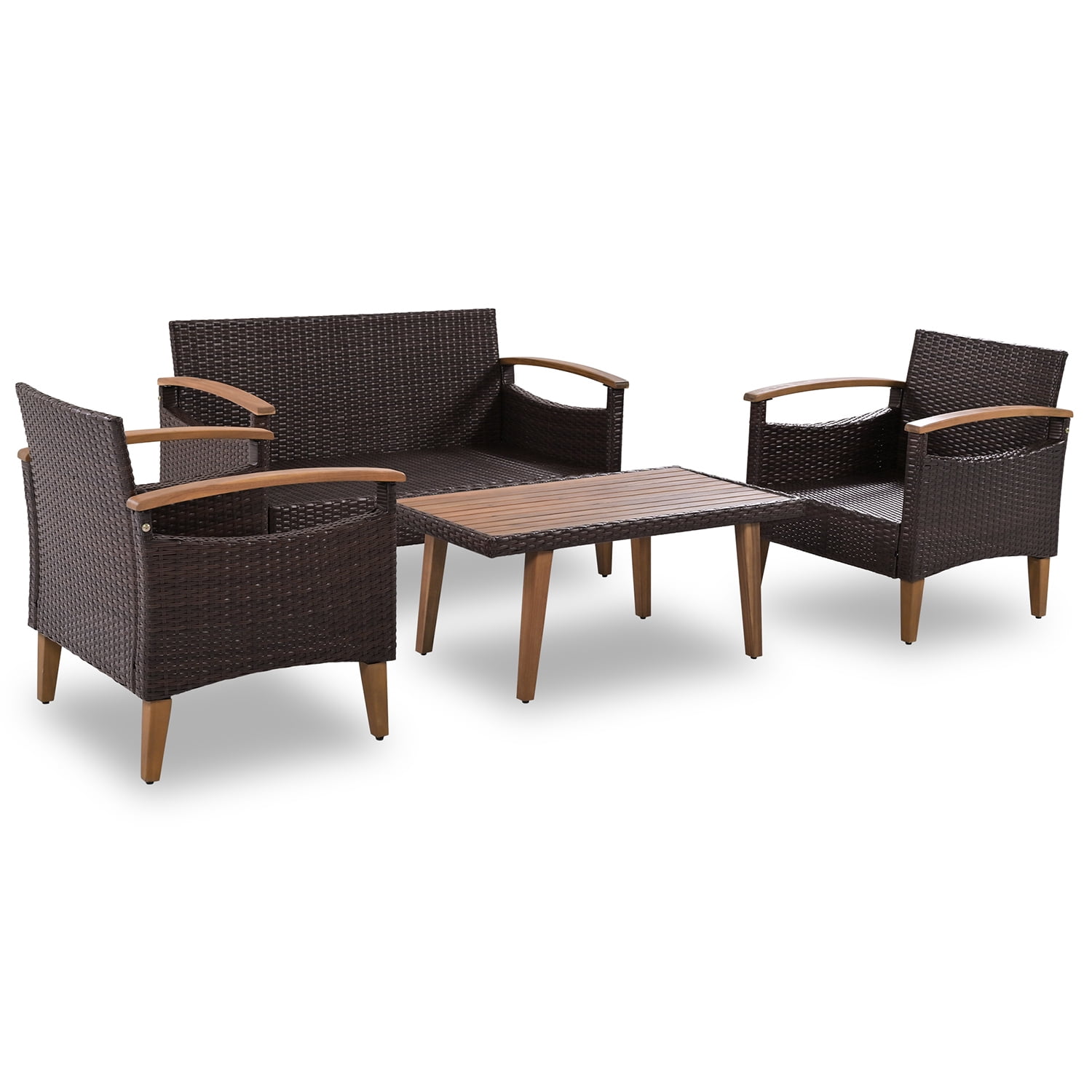 Kadyn 4-Piece Patio Seating Set, Wicker Garden Furniture with Wood Table and Legs, PE Rattan Outdoor Sofa Set for Balcony, Beige Kadyn 4-Piece Patio Seating Set, Wicker Garden Furniture with Wood Table and Legs, PE Rattan Outdoor Sofa Set for Balcony, Beige