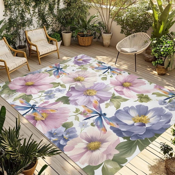 Spring Flowers Outdoor Rug for Patio/Deck/Porch, Non-Slip Large Area Rug 5 x 8 Ft, Watercolor Floral Dragonflies Vintage Indoor Outdoor Rugs Washable Area Rugs, Reversible Camping Rug Carpet Runner