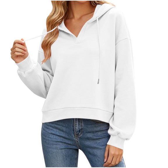 Njagoc3 Fleece Lined Hoodie Women | V Neck Drawstring Hooded Long Sleeve Pullover with Front Pockets | Relaxed Fit for Fall Casual Wear & Everyday Activities,White,M