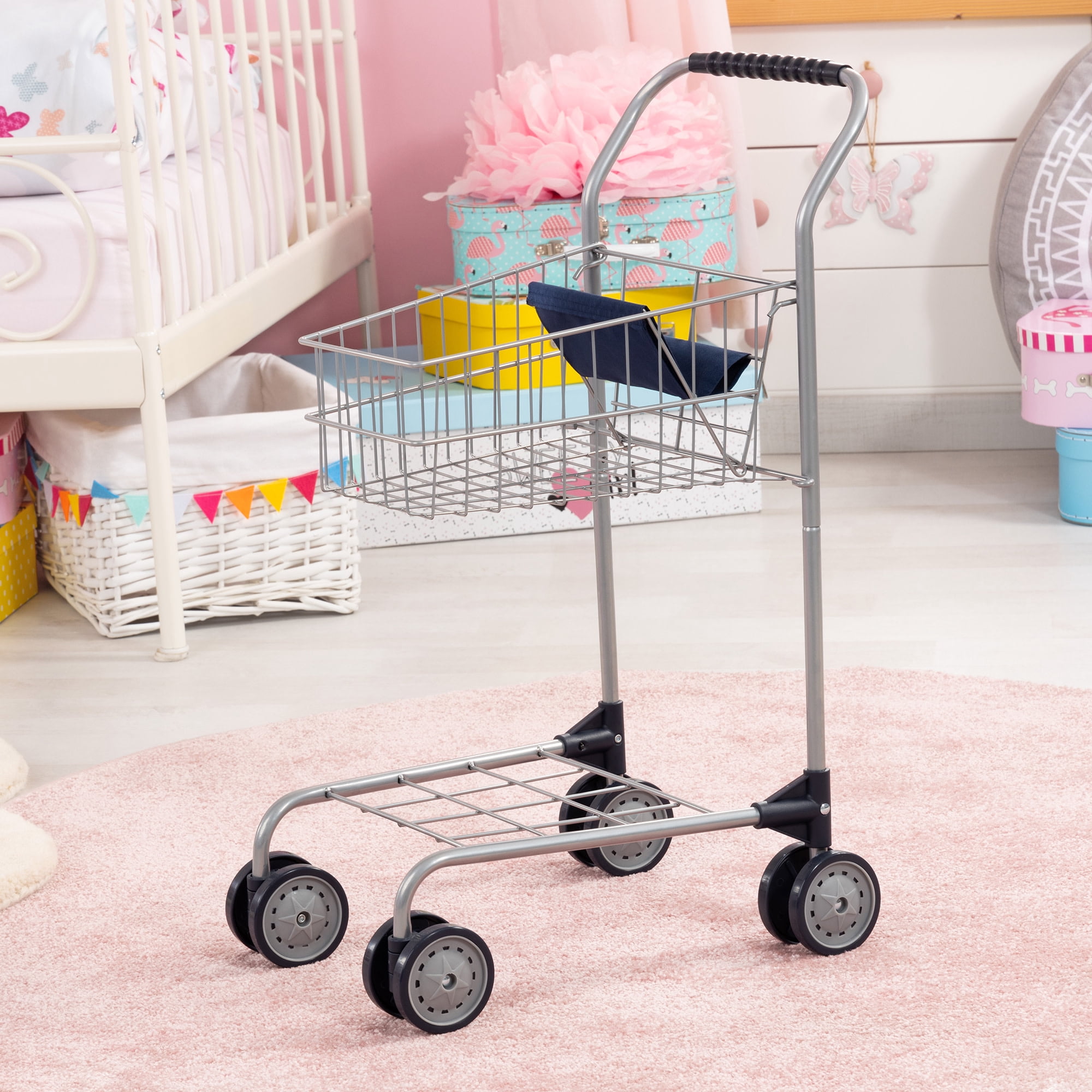 Bayer Design: Shopping Cart - Grey & Blue - Grocery Pretend Play Toy, Spacious Basket Holds Toys & Dolls, Lightweight, Dual Wheels, Toddler-Kids 18mo+