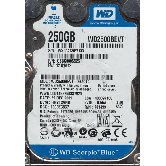 WD2500BEVT-26ZCT0, DCM HHYT2ANB, Western Digital 250GB SATA 2.5 Hard Drive