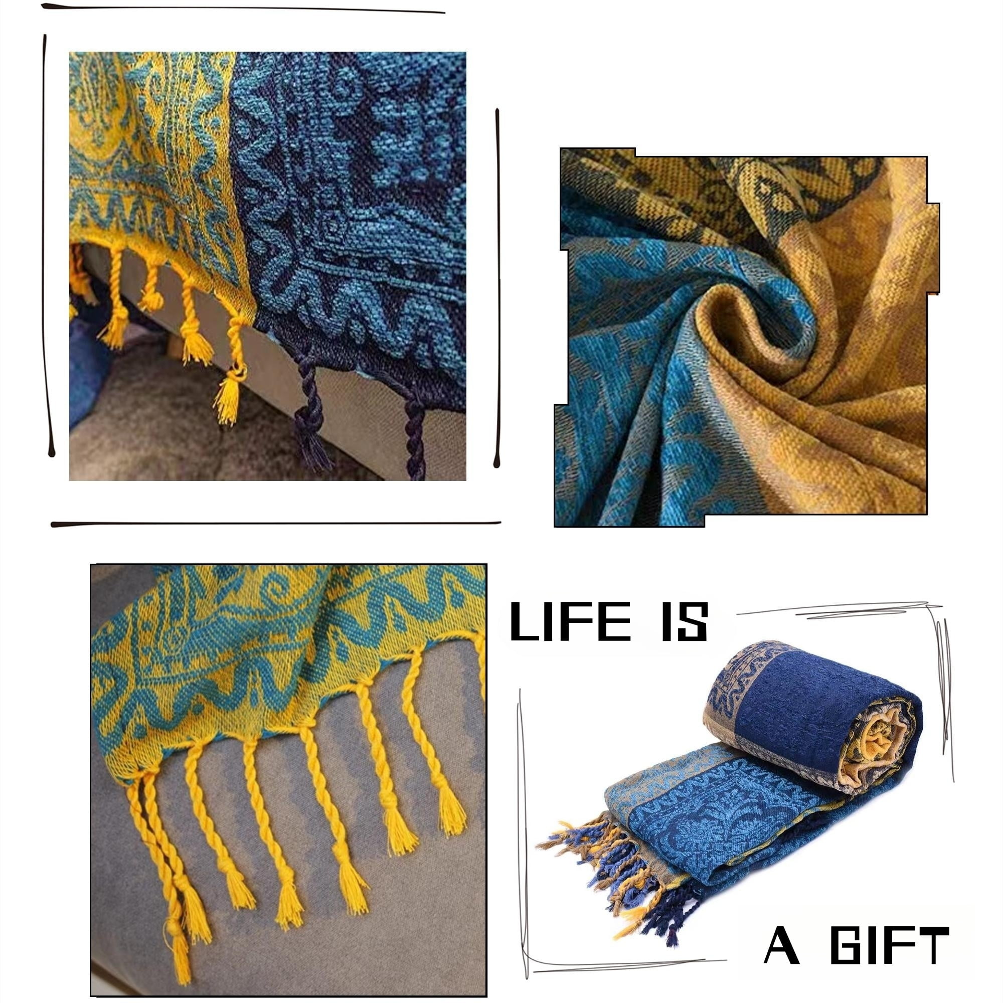 Movanane Bohemian Blue Jacquard Chenille Throw, 60" x 75"