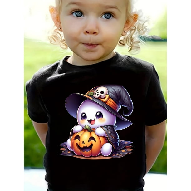 Halloween T-shirt - Cute Magician & Pumpkin Graphic Tee with Witch Hat, Soft Knit Party Outfit for Halloween, Birthday Parties, Everyday Play - Easy-Care Kids Clothing for Toddlers & Kids